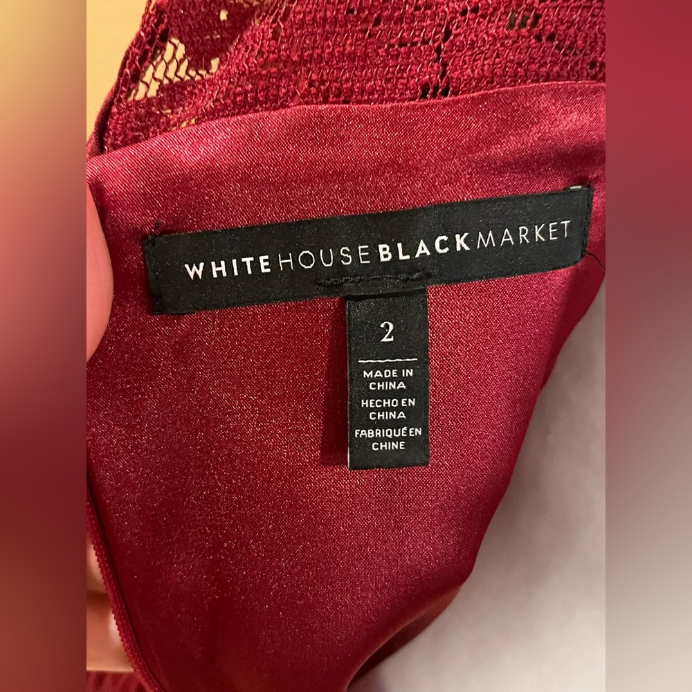 White House Black Market burgundy dress w/ pleated lace sleeves & neckline. S - Picture 9 of 14